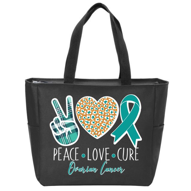 Peace Love Cure Ovarian Cancer Awareness Zip Tote Bag