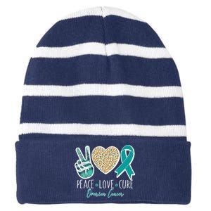 Peace Love Cure Ovarian Cancer Awareness Striped Beanie with Solid Band