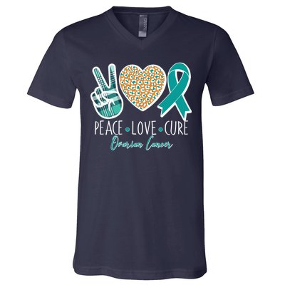 Peace Love Cure Ovarian Cancer Awareness V-Neck T-Shirt