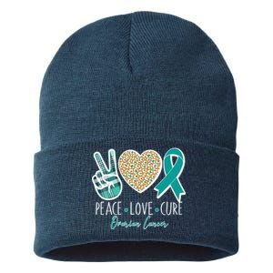 Peace Love Cure Ovarian Cancer Awareness Sustainable Knit Beanie