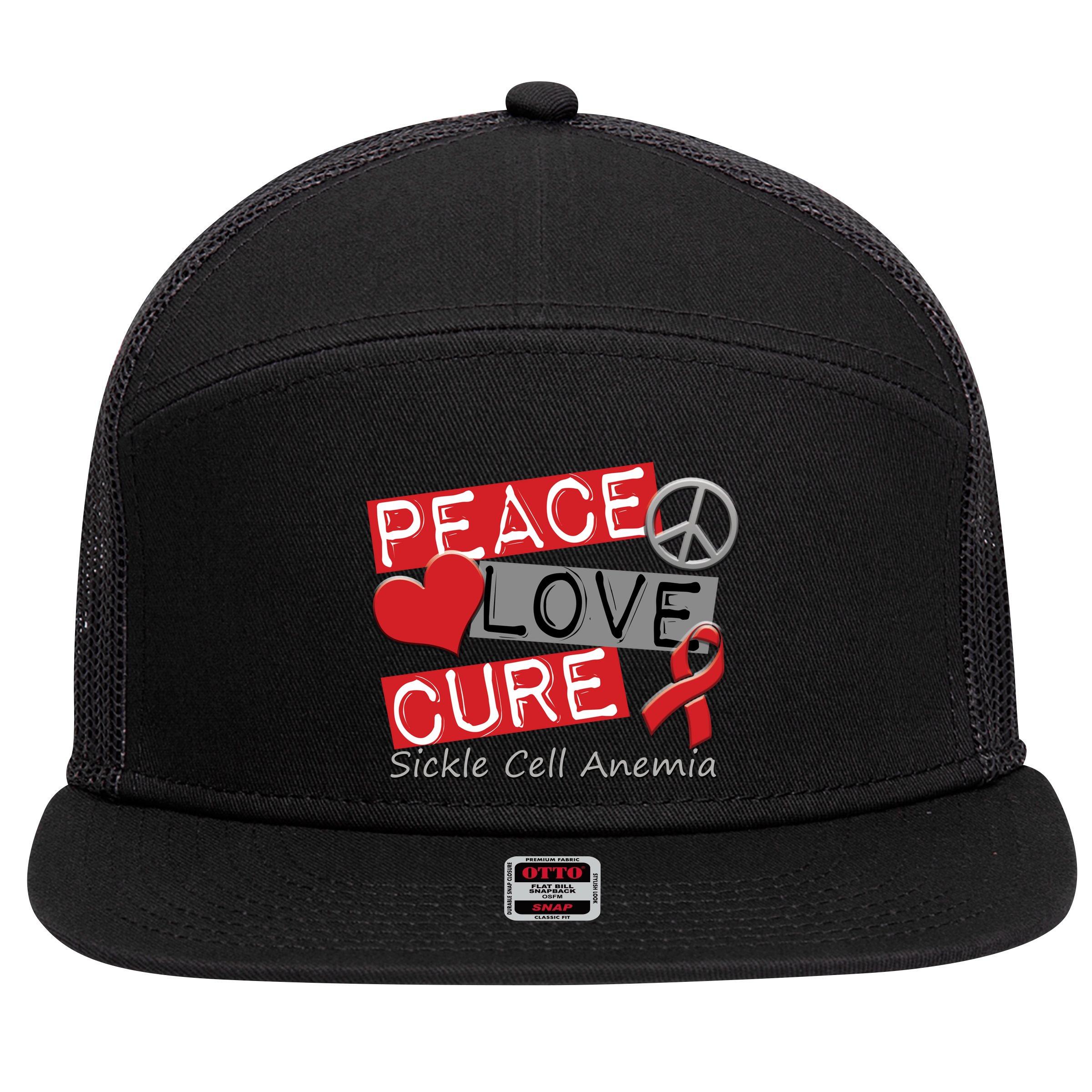 Peace Love Cure Sickle Cell Anemia 7 Panel Mesh Trucker Snapback Hat