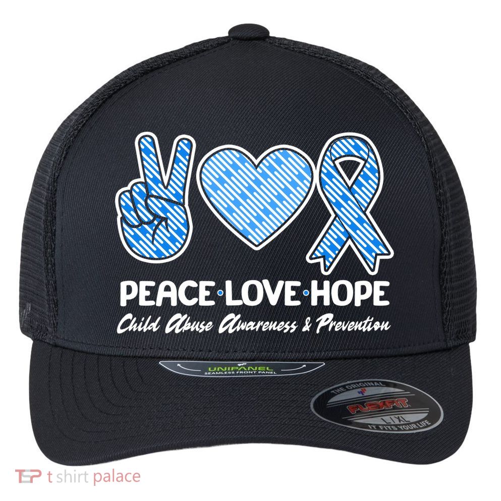 Peace Love Hope Child Abuse Awareness and Prevention Flexfit Unipanel Trucker Cap
