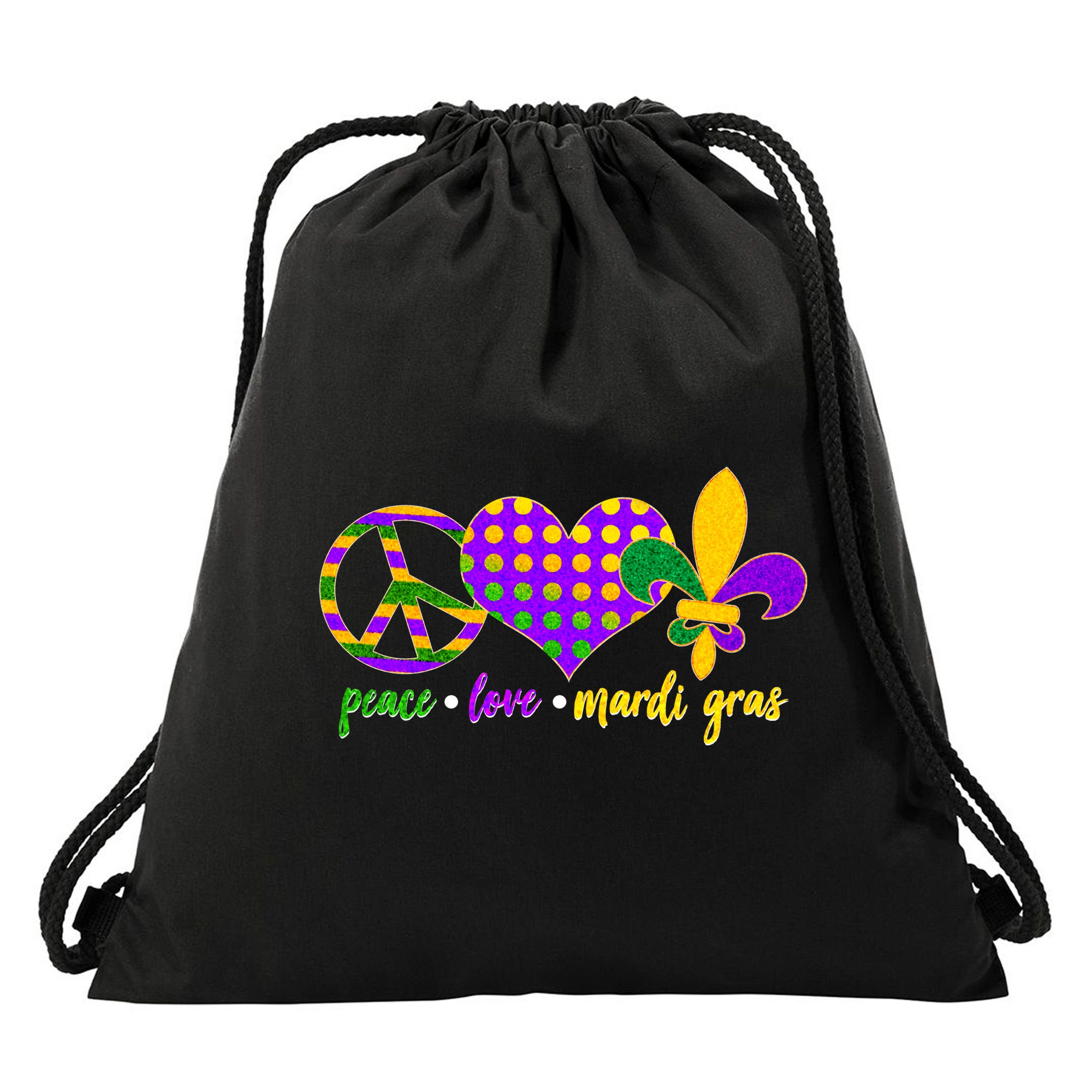 Peace Love Mardi Gras Drawstring Bag