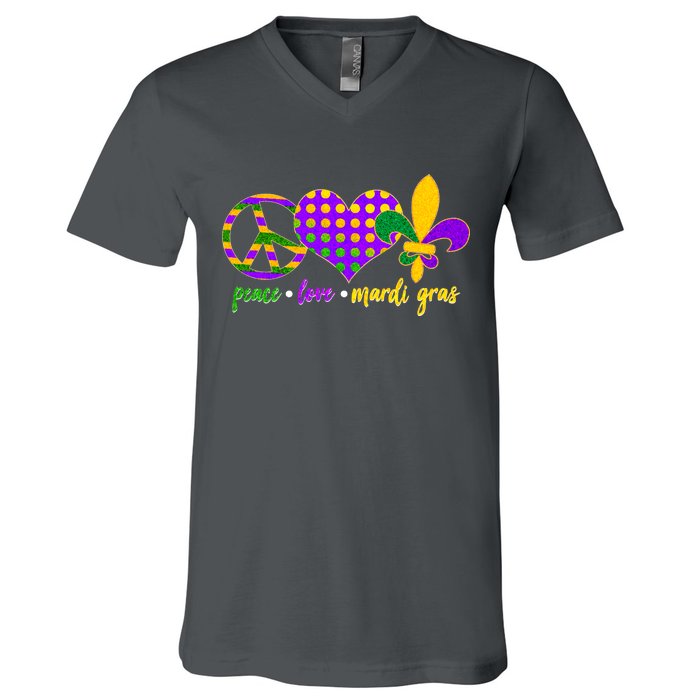 Peace Love Mardi Gras V-Neck T-Shirt