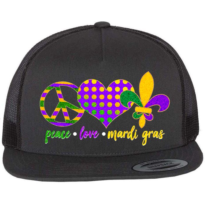 Peace Love Mardi Gras Flat Bill Trucker Hat