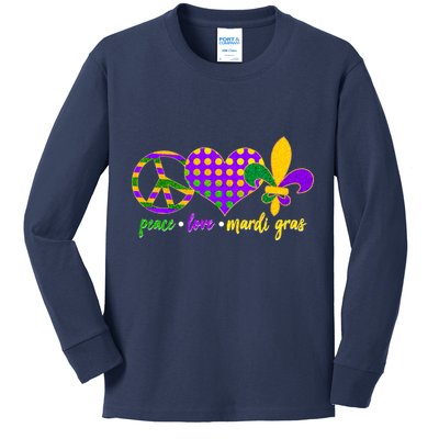 Peace Love Mardi Gras Kids Long Sleeve Shirt