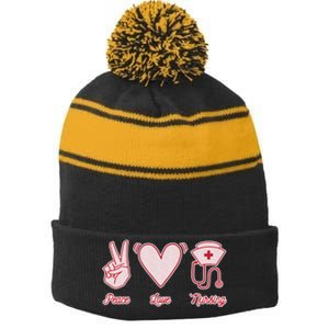 Peace Love Nursing Stripe Pom Pom Beanie