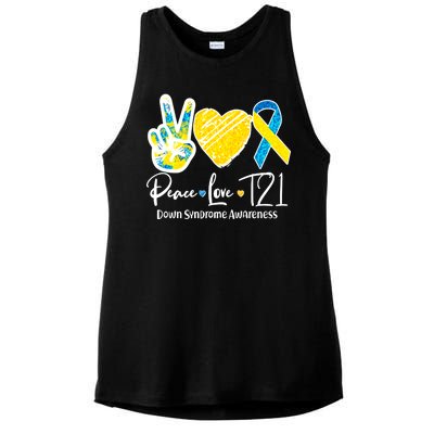 Peace Love T21 Down Syndrome Awareness Ladies PosiCharge Tri-Blend Wicking Tank