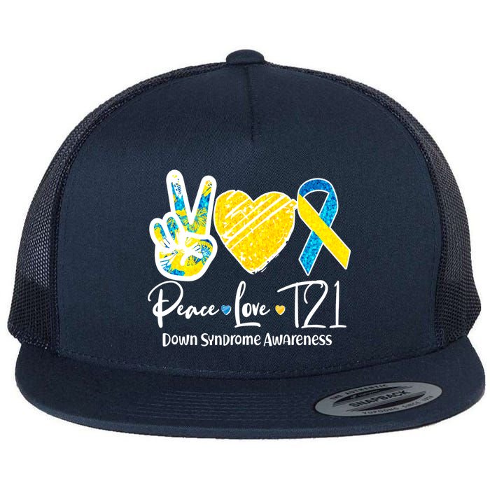 Peace Love T21 Down Syndrome Awareness Flat Bill Trucker Hat