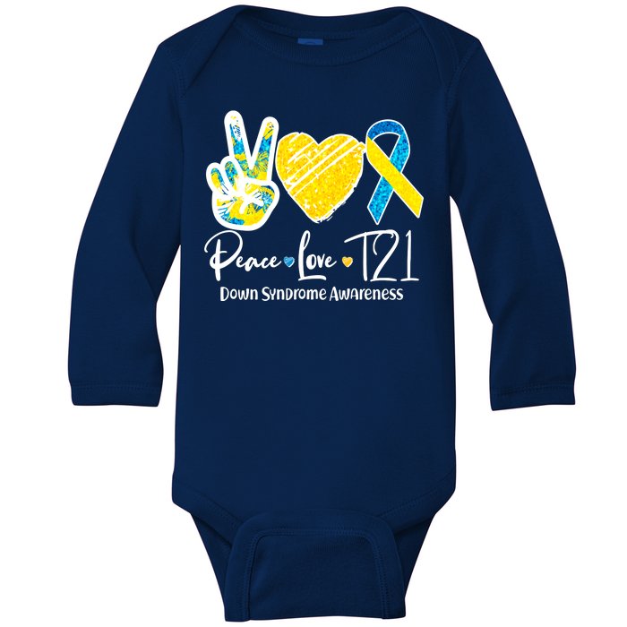 Peace Love T21 Down Syndrome Awareness Baby Long Sleeve Bodysuit