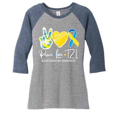 Peace Love T21 Down Syndrome Awareness Women's Tri-Blend 3/4-Sleeve Raglan Shirt