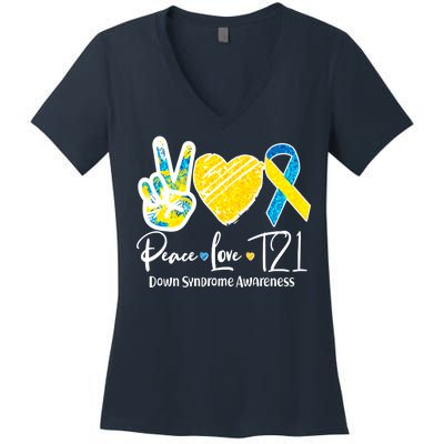 Peace Love T21 Down Syndrome Awareness Women's V-Neck T-Shirt