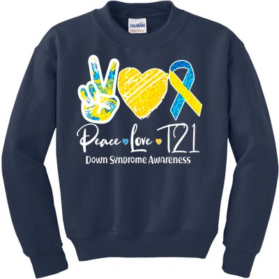 Peace Love T21 Down Syndrome Awareness Kids Sweatshirt