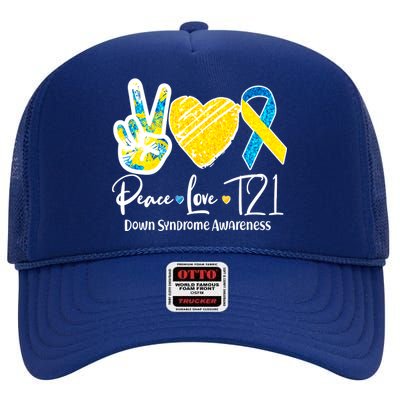 Peace Love T21 Down Syndrome Awareness High Crown Mesh Back Trucker Hat