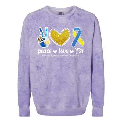 Peace Love T21 Down Syndrome Awareness Ribbon Colorblast Crewneck Sweatshirt