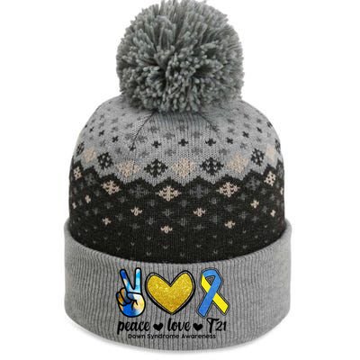 Peace Love T21 Down Syndrome Awareness Ribbon The Baniff Cuffed Pom Beanie