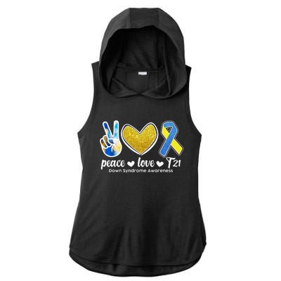 Peace Love T21 Down Syndrome Awareness Ribbon Ladies PosiCharge Tri-Blend Wicking Draft Hoodie Tank