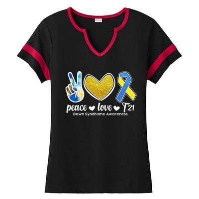 Peace Love T21 Down Syndrome Awareness Ribbon Ladies Halftime Notch Neck Tee