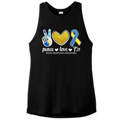 Peace Love T21 Down Syndrome Awareness Ribbon Ladies PosiCharge Tri-Blend Wicking Tank