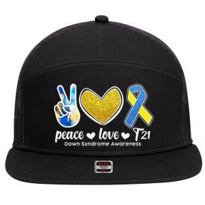 Peace Love T21 Down Syndrome Awareness Ribbon 7 Panel Mesh Trucker Snapback Hat