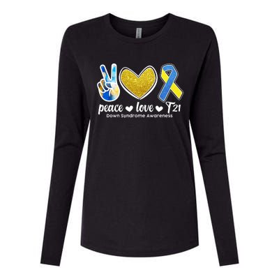 Peace Love T21 Down Syndrome Awareness Ribbon Womens Cotton Relaxed Long Sleeve T-Shirt