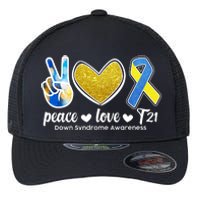 Peace Love T21 Down Syndrome Awareness Ribbon Flexfit Unipanel Trucker Cap