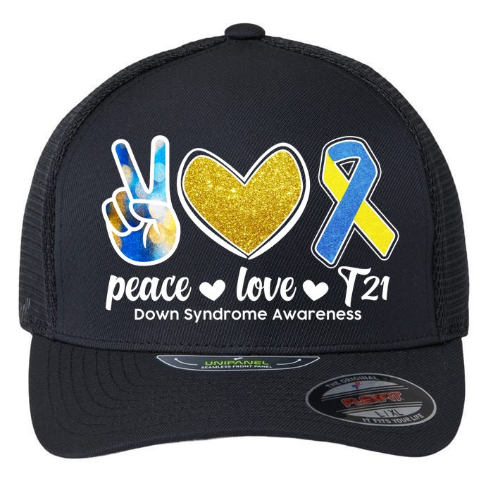 Peace Love T21 Down Syndrome Awareness Ribbon Flexfit Unipanel Trucker Cap