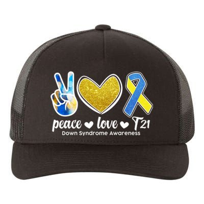 Peace Love T21 Down Syndrome Awareness Ribbon Yupoong Adult 5-Panel Trucker Hat