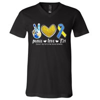 Peace Love T21 Down Syndrome Awareness Ribbon V-Neck T-Shirt