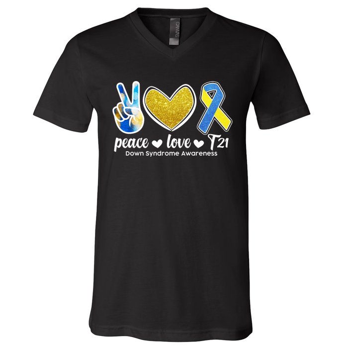 Peace Love T21 Down Syndrome Awareness Ribbon V-Neck T-Shirt