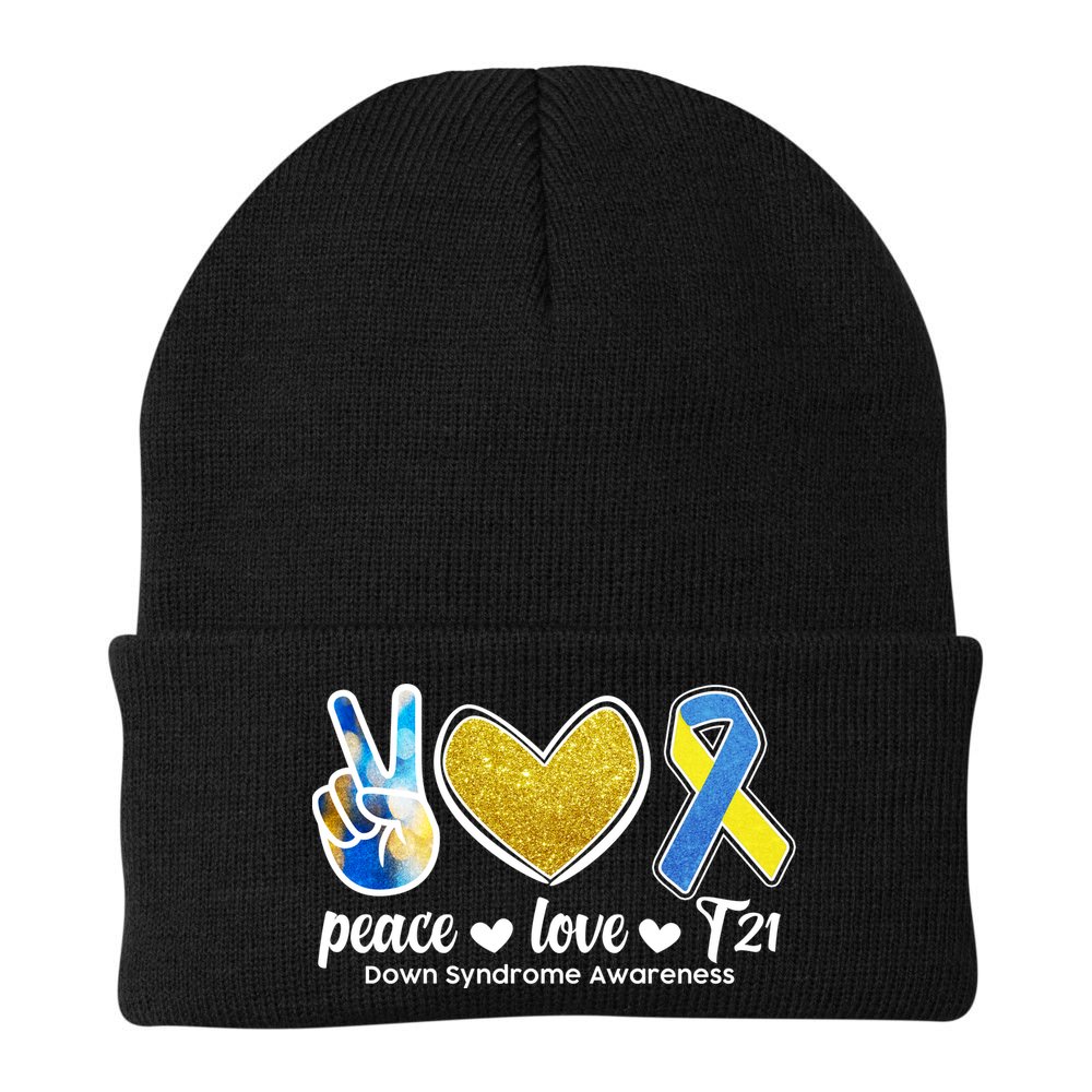 Peace Love T21 Down Syndrome Awareness Ribbon Beanie