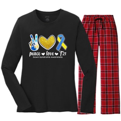 Peace Love T21 Down Syndrome Awareness Ribbon Women's Long Sleeve Flannel Pajama Set 