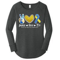 Peace Love T21 Down Syndrome Awareness Ribbon Women's Perfect Tri Tunic Long Sleeve Shirt