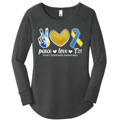 Peace Love T21 Down Syndrome Awareness Ribbon Women's Perfect Tri Tunic Long Sleeve Shirt