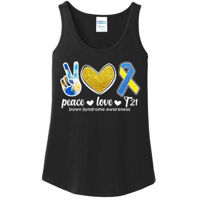 Peace Love T21 Down Syndrome Awareness Ribbon Ladies Essential Tank