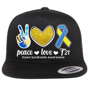 Peace Love T21 Down Syndrome Awareness Ribbon Flat Bill Trucker Hat