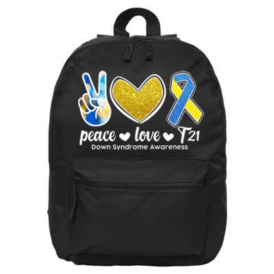 Peace Love T21 Down Syndrome Awareness Ribbon 16 in Basic Backpack