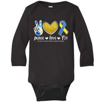 Peace Love T21 Down Syndrome Awareness Ribbon Baby Long Sleeve Bodysuit