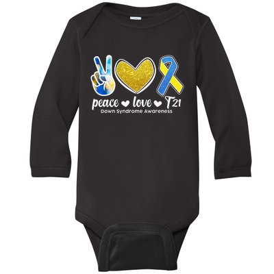 Peace Love T21 Down Syndrome Awareness Ribbon Baby Long Sleeve Bodysuit