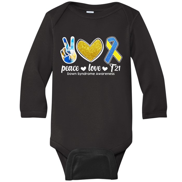 Peace Love T21 Down Syndrome Awareness Ribbon Baby Long Sleeve Bodysuit