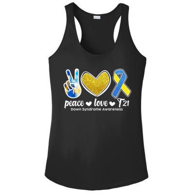 Peace Love T21 Down Syndrome Awareness Ribbon Ladies PosiCharge Competitor Racerback Tank