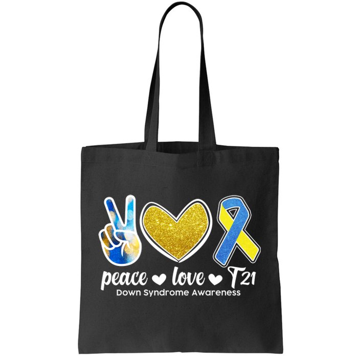 Peace Love T21 Down Syndrome Awareness Ribbon Tote Bag