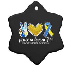 Peace Love T21 Down Syndrome Awareness Ribbon Ceramic Star Ornament