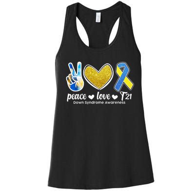 Peace Love T21 Down Syndrome Awareness Ribbon Women's Racerback Tank