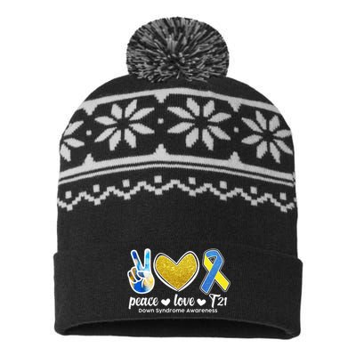 Peace Love T21 Down Syndrome Awareness Ribbon USA-Made Snowflake Beanie