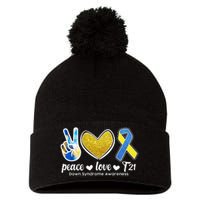 Peace Love T21 Down Syndrome Awareness Ribbon Pom Pom 12in Knit Beanie