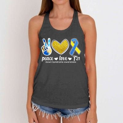 Peace Love T21 Down Syndrome Awareness Ribbon Women's Knotted Racerback Tank