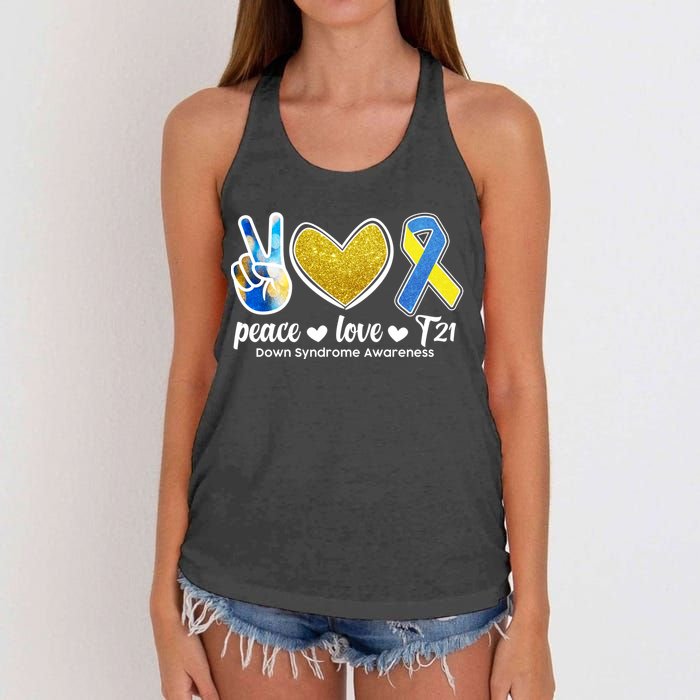 Peace Love T21 Down Syndrome Awareness Ribbon Women's Knotted Racerback Tank