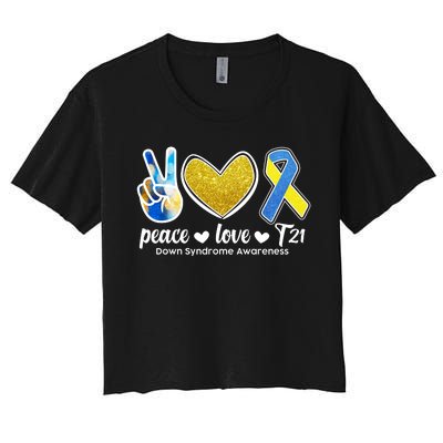 Peace Love T21 Down Syndrome Awareness Ribbon Women's Crop Top Tee