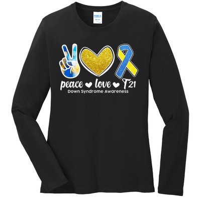 Peace Love T21 Down Syndrome Awareness Ribbon Ladies Long Sleeve Shirt